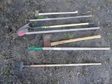 Assorted Tools: Ax, Hoe, SHovel, Razorback Rake,