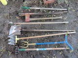 Assorted Tools: Pitch Fork, Hoe, Yard Rake,