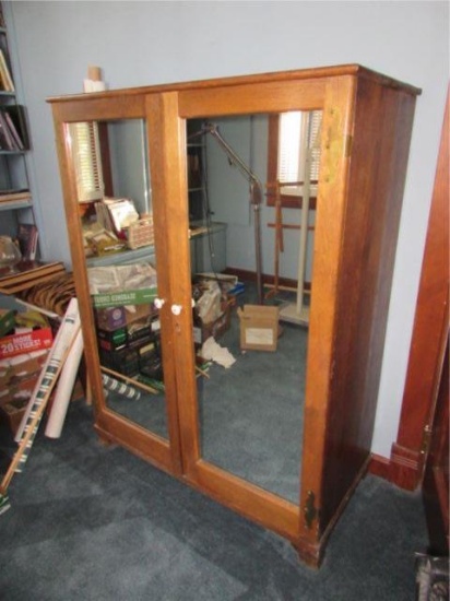 Antique Oak English Wardrobe with Mirrored Front