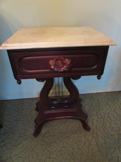 Victorian-Style Marble Top 1-Drawer Lyre-Base End