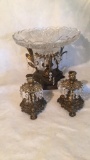 Footed Brass & Crystal Bowl & (2) Candle Holders