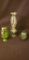 (3) Green Glass Items Oil Lamp,  Owl Votive