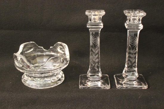 (2) Crystal Candlesticks 7" & Crystal Dish 5 1/2"