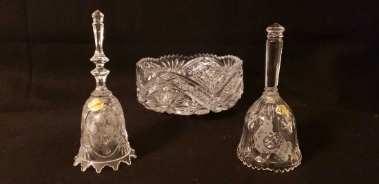 Crystal Bowl & (2) Crystal Bells 8" Diameter Bowl