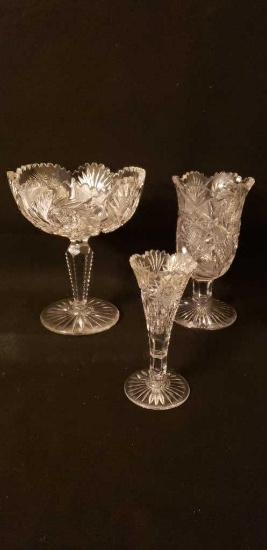 (3) Cut Crystal Items Compote-9 3/4" Tall