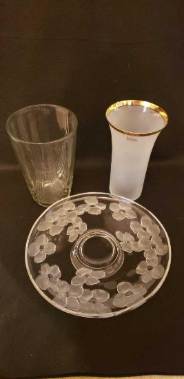 (2) Glass Vases & (1) Round Footed Plate