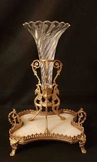Crystal Vase in Brass & Marble Base 15" Tall