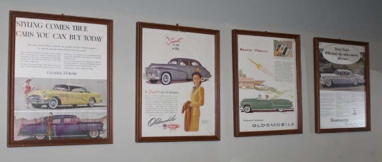 (4) Vintage Framed Car Advertisements 11 1/2" x