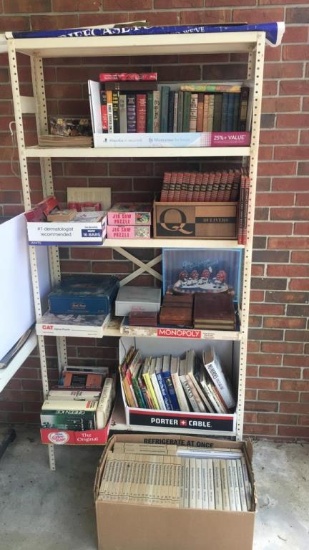 Shelf of Assorted Books, Magazines, Board Games,