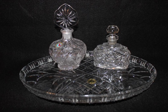 (2) Crystal Perfume Bottles & Crystal Vanity Tray