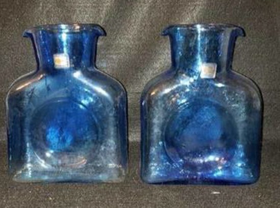 (2) Blenko Handmade Open Water Bottles, Azure 8"