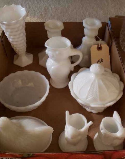 (9) Pieces of Milk Glass: (2) Owl Toothpick