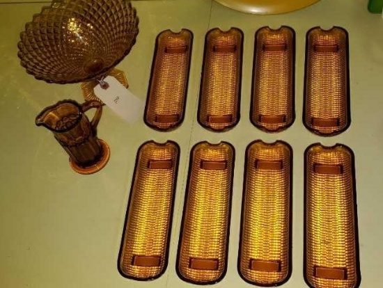 Assorted Amber Glass Items: (8) Corncob Holders