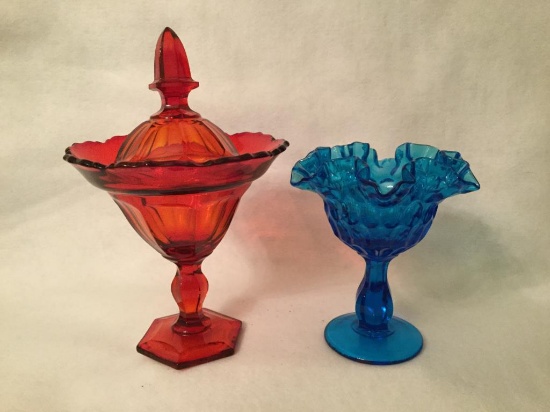 (2) Glass Dishes: Red Candy Dish w/Lid 9 1/2"