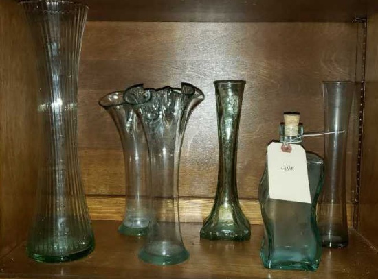(6) Green Glass Vases Mexico, Italy