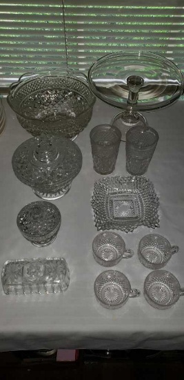 Assorted Glass: Pedestal Cake Plate, Punch Bowl,