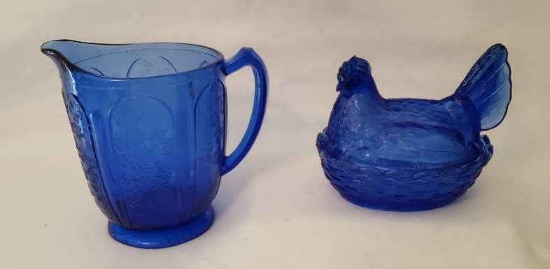 (2) Cobalt Blue Items: Hen on a Nest