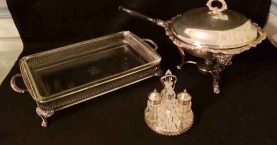(3) Silverplate Items: 13 1/2" Pyrex Dish w/
