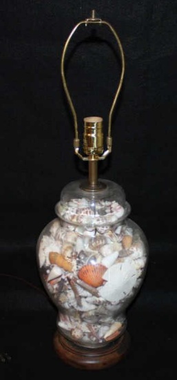 Glass shell lamp with wooden base, 25" to top of