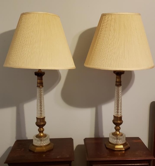 Pair of Crystal and Brass Lamps 39" to top of