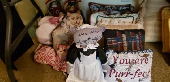 Assorted Cat Themed Pillows & Stuffed Cats