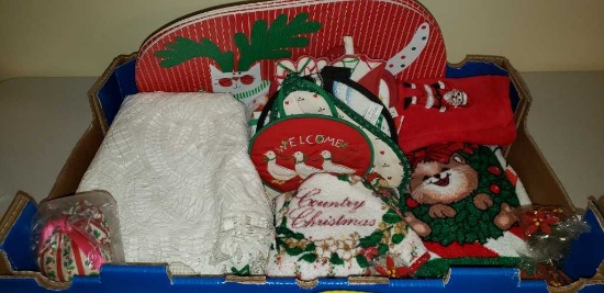 Assorted Christmas Linens Including a Battenburg