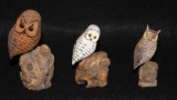 (3) Hand Carved & Hand Painted Wood Owls- Signed