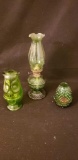 (3) Green Glass Items Oil Lamp,  Owl Votive