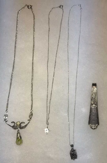 (3) Silver Necklaces & (1) Unmarked Silver Spoon