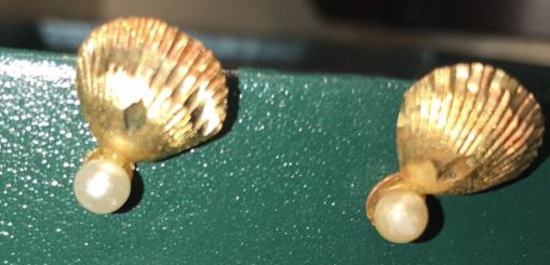 Faux Pearl & Gold Earrings stamped "14 Kt"--Clip Ons