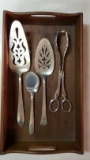 (4) Silver Plate Serving Pieces & Wood Tray: