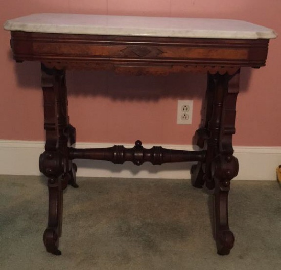Eastlake Marble Top Table on Casters, Carved