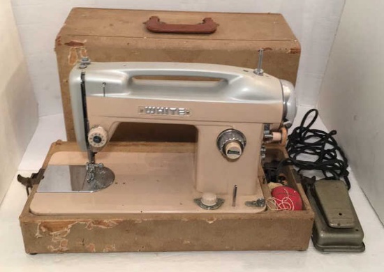 Vintage White Portable Sewing Machine in Carrying