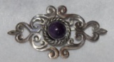 Sterling Pin w/Amythst Stone Marked TAXCO 2 3/8