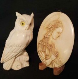 (2) Carved Items:  Carved Alabaster Owl w/Yellow