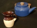 Blue Enamelware Teapot w/Wooden Handle & Small