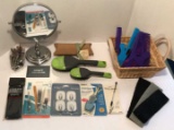 Assorted Vanity Items:  Mirror on Stand, Basket,