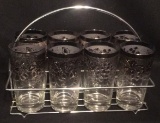 (8) Glasses with Silver Trim in Metal Holder