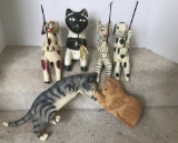 (4) Wooden Fishing Cats & Cat Wall Hanger