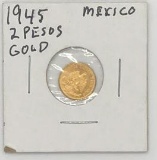 1945 Mexico Gold Two Pesos 90% 22 Kt Gold Coin