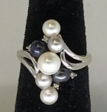 Ladies 10 Kt. White Gold (7) Pearl & Diamond Ring