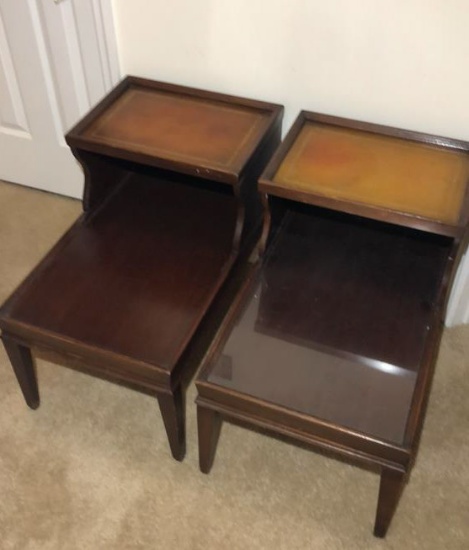 (2) Mahogany Step End Tables w/ Tooled Leather Top - Mid 20th Century - 17" x 27" x 23" each