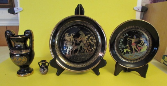 (4) Greek China Items with 24 Kt Gold Trim:  8"