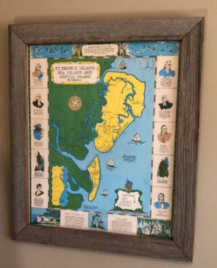 Rustic Framed Vintage Map of St. Simons Island,