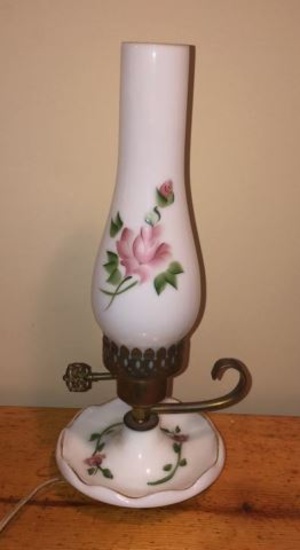 Vintage Painted Glass and Brass Kerosene Lamp