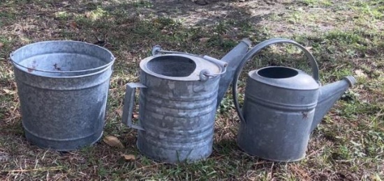 Galvanized Bucket and (2) Watering Cans