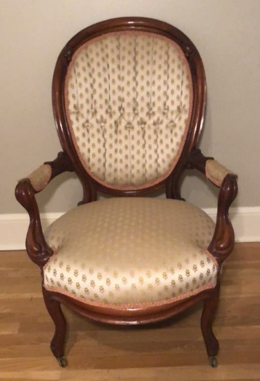 Carved Victorian Arm Chair with Tufted Back on