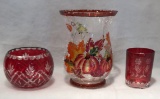 Ruby Cut to Clear Cut Glass Rose Bowl &