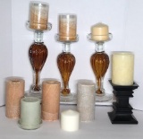 (3) Glass Candleholders, Wooden Candleholder,