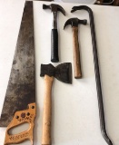 Assorted Hand Tools including Handsaw, Hammers,